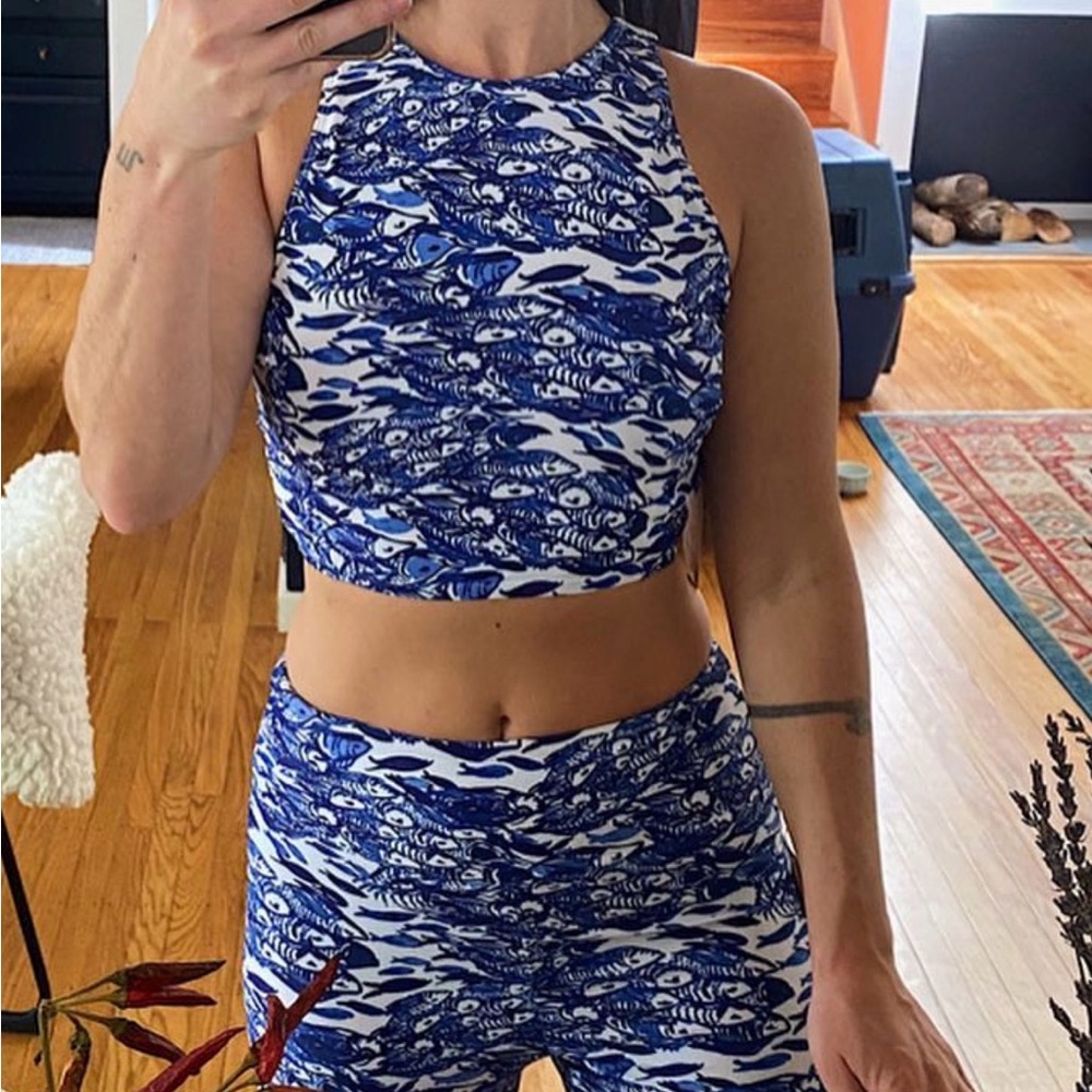 LAST CHANCE BEFORE YARD SALE: Mott50 SET Blue White sardines print yoga Set Med